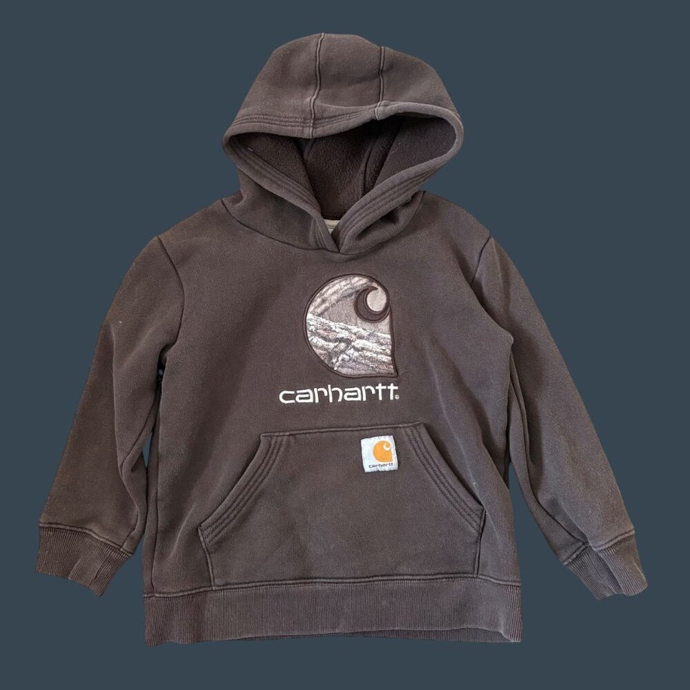 Carhartt Kids Brown Pullover Hoodie With Logo Patch & Kangaroo Pocket S